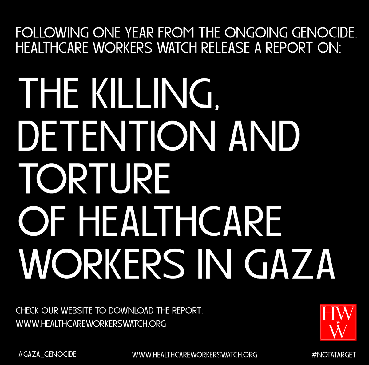 HCWWatch's tweet photo. Following one year of the ongoing genocide on Gaza, Healthcare Workers Watch (HWW) releases its comprehensive report on the killing, detention, and torture of healthcare workers in Gaza.
https://t.co/qZ53cfzw3U https://t.co/5XC9Wc5xFS