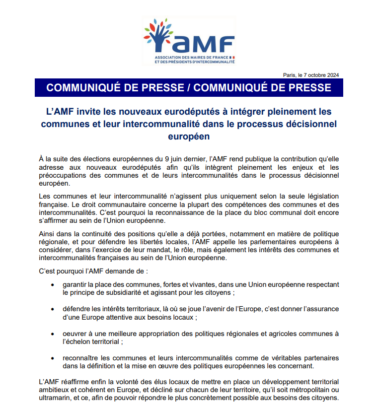 l_amf's tweet photo. 🔴[PUBLICATION]
L'AMF invite les nouveaux eurodéputés à intégrer pleinement les communes et leur intercommunalité dans le processus décisionnel européen

Retrouvez l'intégralité de la contribution ⤵️
https://t.co/WCB3TYZOaq