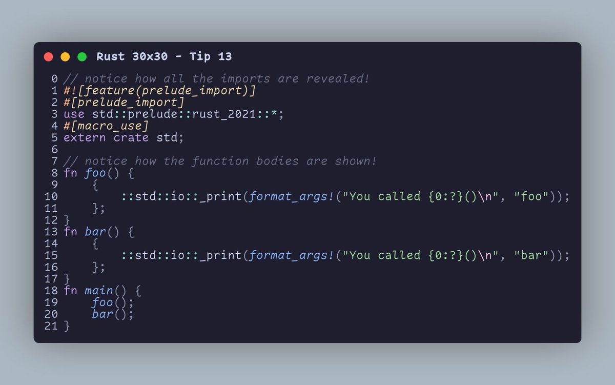 ⚡ #Rustlang Tip: cargo expand - Your X-ray Vision for Macros!

cargo expand allows you to see the expanded code generated by macros, providing more insight into what's happening under the hood.

Learn more here: docs.rs/crate/cargo-ex…

#RustMacros #Rust30by30 #Day13