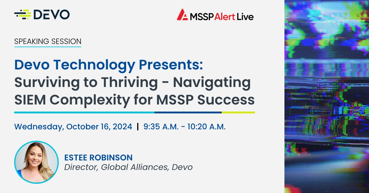 devo_Inc's tweet image. Heading to #MSSPAlertLive in Austin next week? 

Join our Director of Global Alliances, Estee Preciado &amp;amp; @Binary_Defense&apos;  Kris Wayman for a data-driven look at selecting &amp;amp; managing #SIEM solutions. Oct 16th! 👉 bit.ly/47QBclw