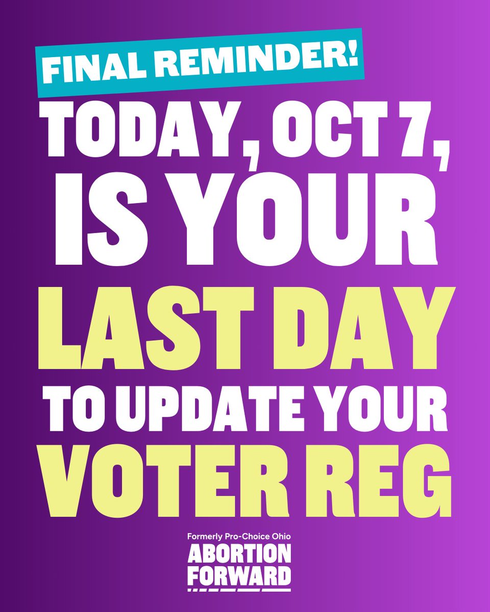 AbortionForward's tweet image. Today is the last day to register to vote! 
Use olvr.ohiosos.gov to register or update your status.
