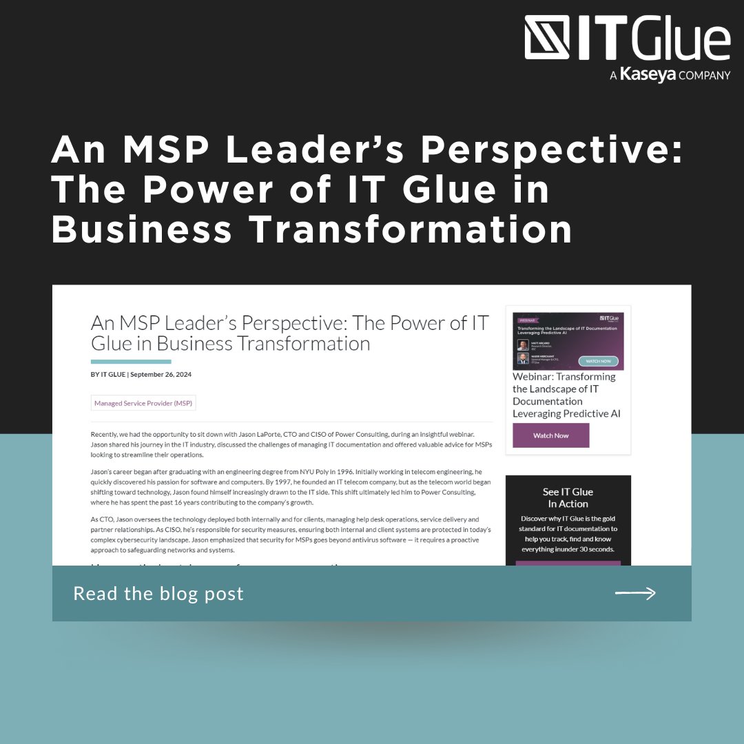 itglue's tweet image. In our latest blog, Jason LaPorte shares his journey in IT and how IT Glue has helped streamline documentation, improve efficiency and enhance client satisfaction.
👉 bit.ly/3XTMMYO

#ITGlue #ITDocumentation #MSP #BusinessTransformation #Efficiency #AITools