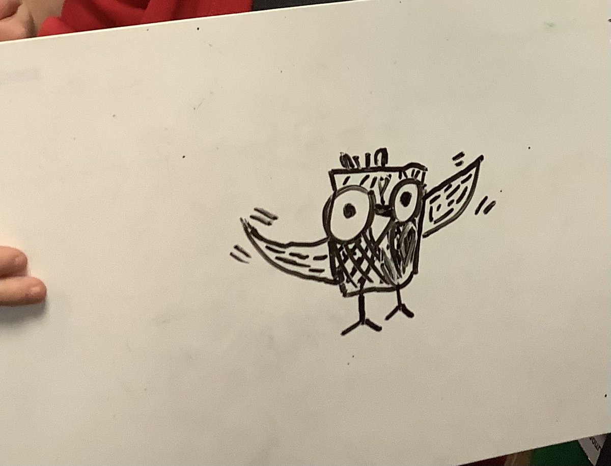Barfordstpeters's tweet photo. We have been finding out about owls and reading stories about them. Today reception class had lots of fun learning to draw Eugene the Owl with #robbiddulph.  #drawwithrob #bspeyfs https://t.co/tjQtK7AfVb