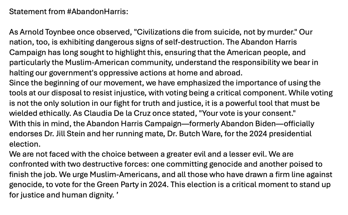 rekastner's tweet photo. #AbandonHarris officially endorses #SteinWare2024.
Draw the #LineAgainstGenocide. 
 See their statement below: https://t.co/sOFTmQRyI9
