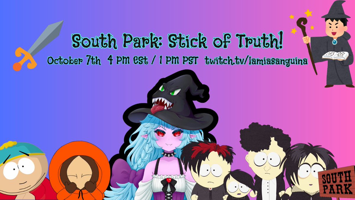 lamiasanguina's tweet photo. TODAY 4 PM EST /  1 PM PST @ https://t.co/loWalZecQ5 - SOUTH PARK: STICK OF TRUTH! I love South Park so much, let's tism out, impies!

#vtuber #SouthPark https://t.co/VHZRGHsv78