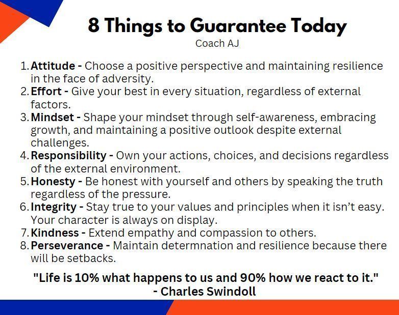 Tim Tebow said, "We can control a few things: our attitude, our effort, our focus, and how we go about treating our teammates."

You can't always control external events, but you control how you respond. 

Respond don't react. 

~ via @CoachAJKings