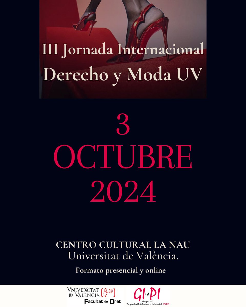 DerechoyModaUV's tweet photo. III Jornada Internacional Derecho y Moda 

@LaNauuv  

Dirección Académica: 
D.º Guillermo Palao 
D.ª Araceli Casamayor De Blas https://t.co/MKfdFrbtOo