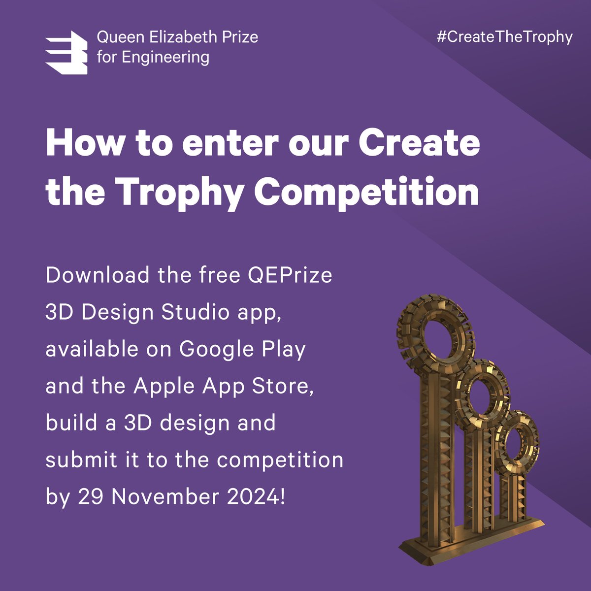 ThisIsEng's tweet photo. Calling all schools & teachers 📢 it's competition time! 🏆
The QEPrize #CreateTheTrophy competition is now open.
Anyone aged 14-24 can enter to create a trophy for the world’s greatest engineering prize, using the free QEPrize 3D Design Studio App.
The winner will receive a brand new laptop. 💻
Closing date 29 November 2024. Visit👉 https://t.co/0QHGV3Tr11