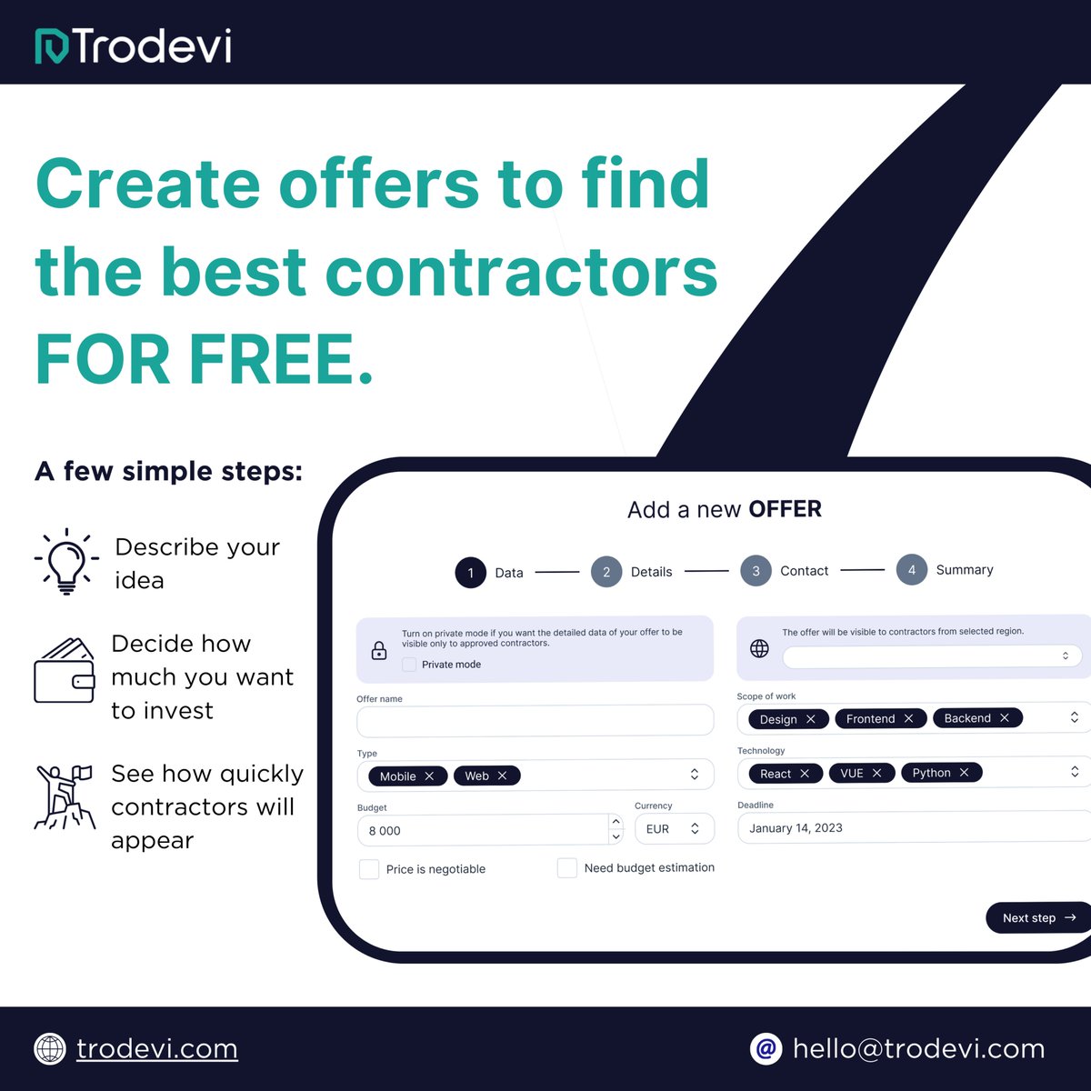 Get discovered by the best software houses. Create your offer on Trodevi and connect with skilled development companies ready to work on your project. #trodevi #clients #softwareHouse #software #development #innovation #web #ecommerce #mobile #it #leads #fintech