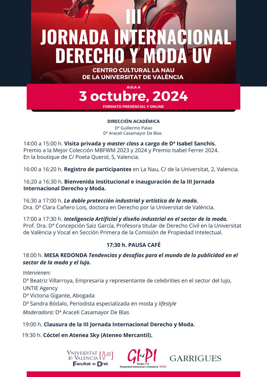 DerechoyModaUV's tweet photo. III Jornada Internacional Derecho y Moda UV

Dirección Académica: 
D.º Guillermo Palao 
D.ª Araceli Casamayor De Blas https://t.co/qaivZReB0u