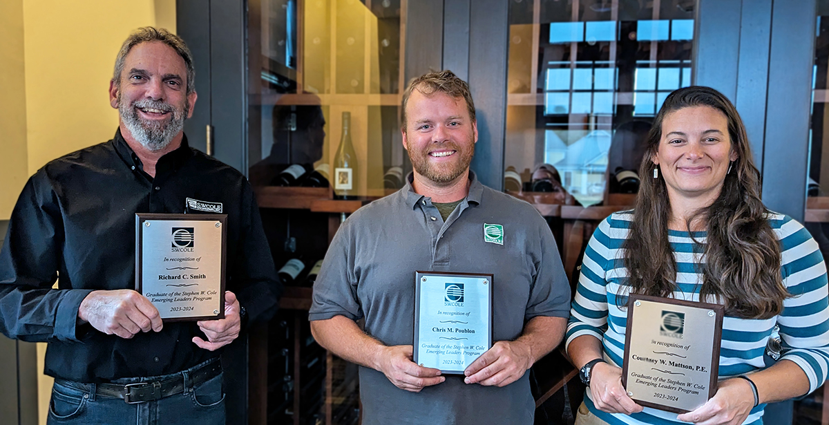 Congratulations to Richard Smith, Chris Poublon, and Courtney Mattson, P.E. for graduating from the Stephen W. Cole Emerging Leaders Program! 

Read more about the program and the 2024 graduates here: loom.ly/EMcAYug