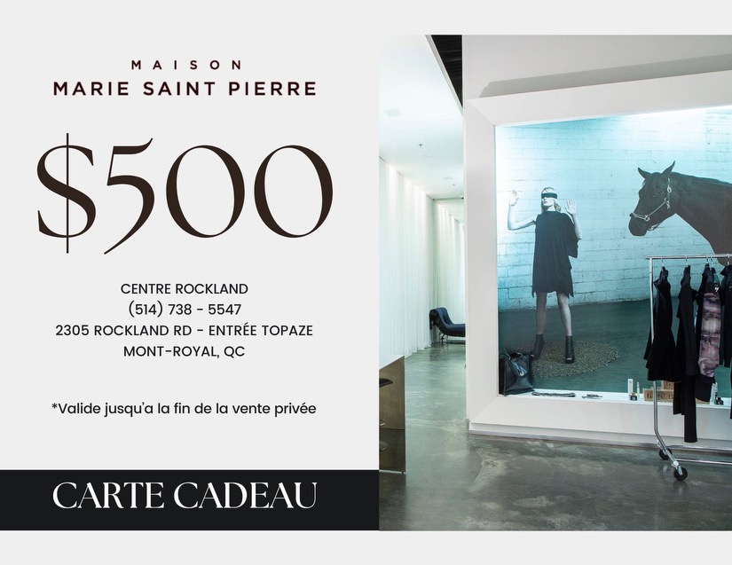 Vente Privée 

Du 30 oct. au 6 nov. au Centre Rockland. Pièces de créateurs à prix réduits et accès exclusif à nos créations. Quantités limitées !

Gagnant du bon d'achat de 500 $ annoncé le 29 oct. !
➡️ Détails du concours sur 
Instagram @mariesaintpierre.
