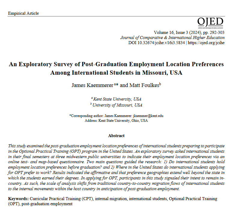 Journal of Comparative & Intl Higher Ed (@jcihe19) on Twitter photo New research alert! ⏰
In our issue 16(3) Kaemmerer & Foulkes (2024) examined the post-graduation employment location preferences of  international students in the US, highlighting the internal movements in anticipation of post-graduation employment. 
ojed.org/jcihe/article/… New research alert! ⏰
In our issue 16(3) Kaemmerer & Foulkes (2024) examined the post-graduation employment location preferences of  international students in the US, highlighting the internal movements in anticipation of post-graduation employment. 
ojed.org/jcihe/article/…