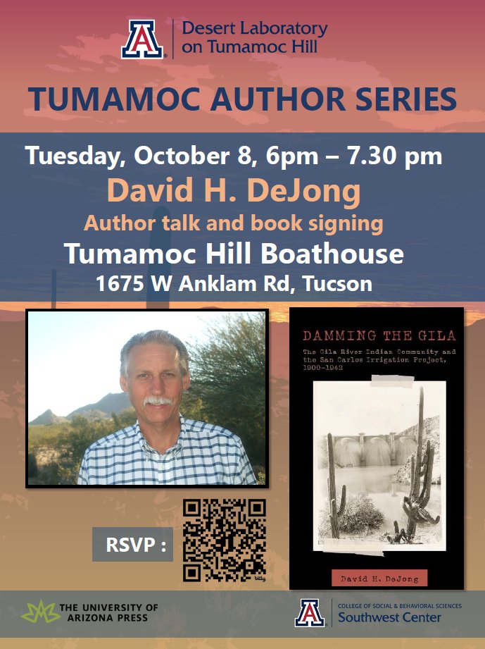 swc_uaz's tweet image. Don&apos;t miss the first lecture of the Tumamoc Author Series, featuring David H. DeJong and his book Damming the Gila.
Tuesday, October 8, 6pm
Tumamoc Hill Boathouse, Tucson
More details and RSVP: 
swc.arizona.edu/events/tumamoc…