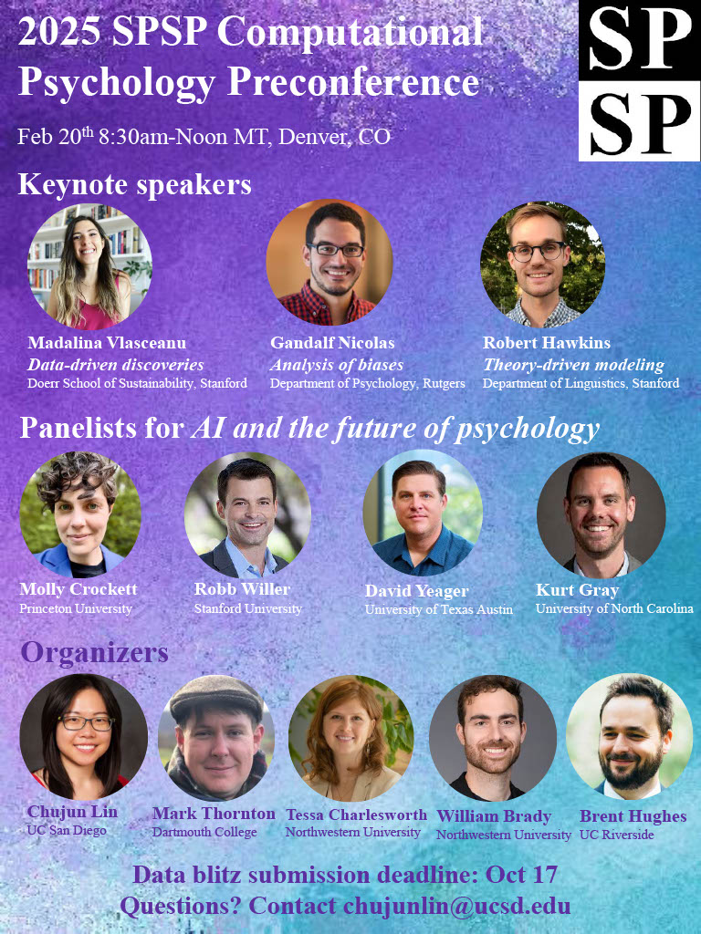 👏Check out our exciting speakers for the Computational Psychology Preconference #SPSP2025👏

🚨Remember to submit your data blitz talks by Oct 17!👉shorturl.at/vk2q4

🌟See you in Denver Feb 20th, 2025!