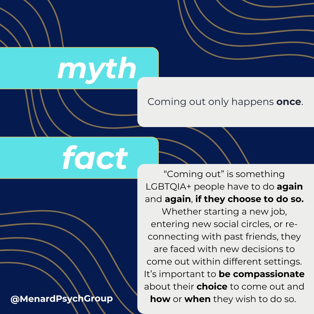 MenardPsych's tweet photo. Welcome to MythBuster Mondays!

The goal of this initiative is to expand perspectives by challenging common stereotypes. Today we focused on the process of coming out and how it’s a continuous process.

#mythbusters #awareness #comingout #lgbtqia https://t.co/TWupjZRipg