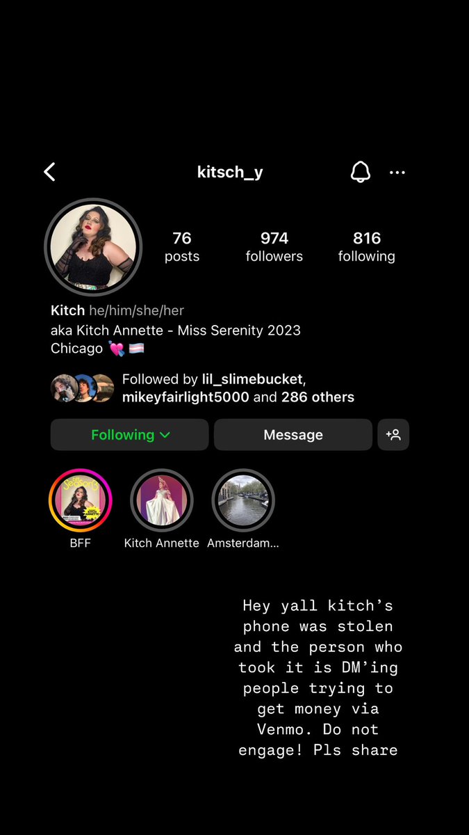 🚨please share🚨
Kitch’s phone was stolen yesterday and now the person who stole their phone is DM’ing people trying to get money. Do not trust any communication from kitch rn!!!