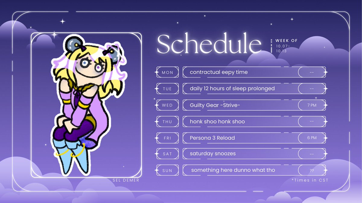 estell_reccel's tweet photo. innocent estell presents... this week's schedule! moving persona saturdays to friday bc these past few times didn't work out. also, feel free to suggest something for sunday!

#VTuber #VTuberEN #VTuberUprising https://t.co/kLNBJD2rwm
