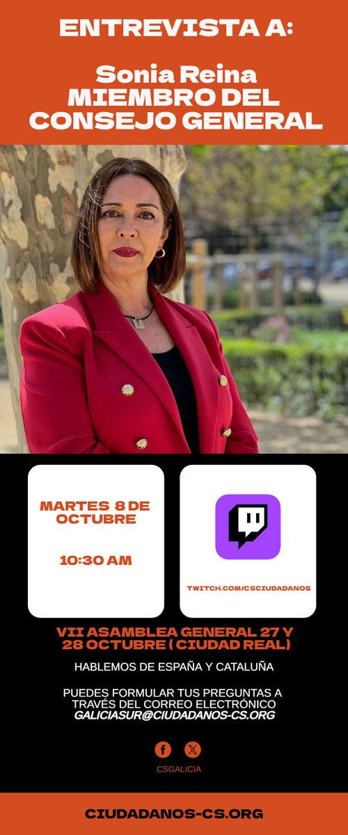 Mañana estaremos con nuestra compañera Sonia Reina, miembro del Consejo General de Cs, conversaremos somos Cataluña y el panorama político actual. 💪🍊