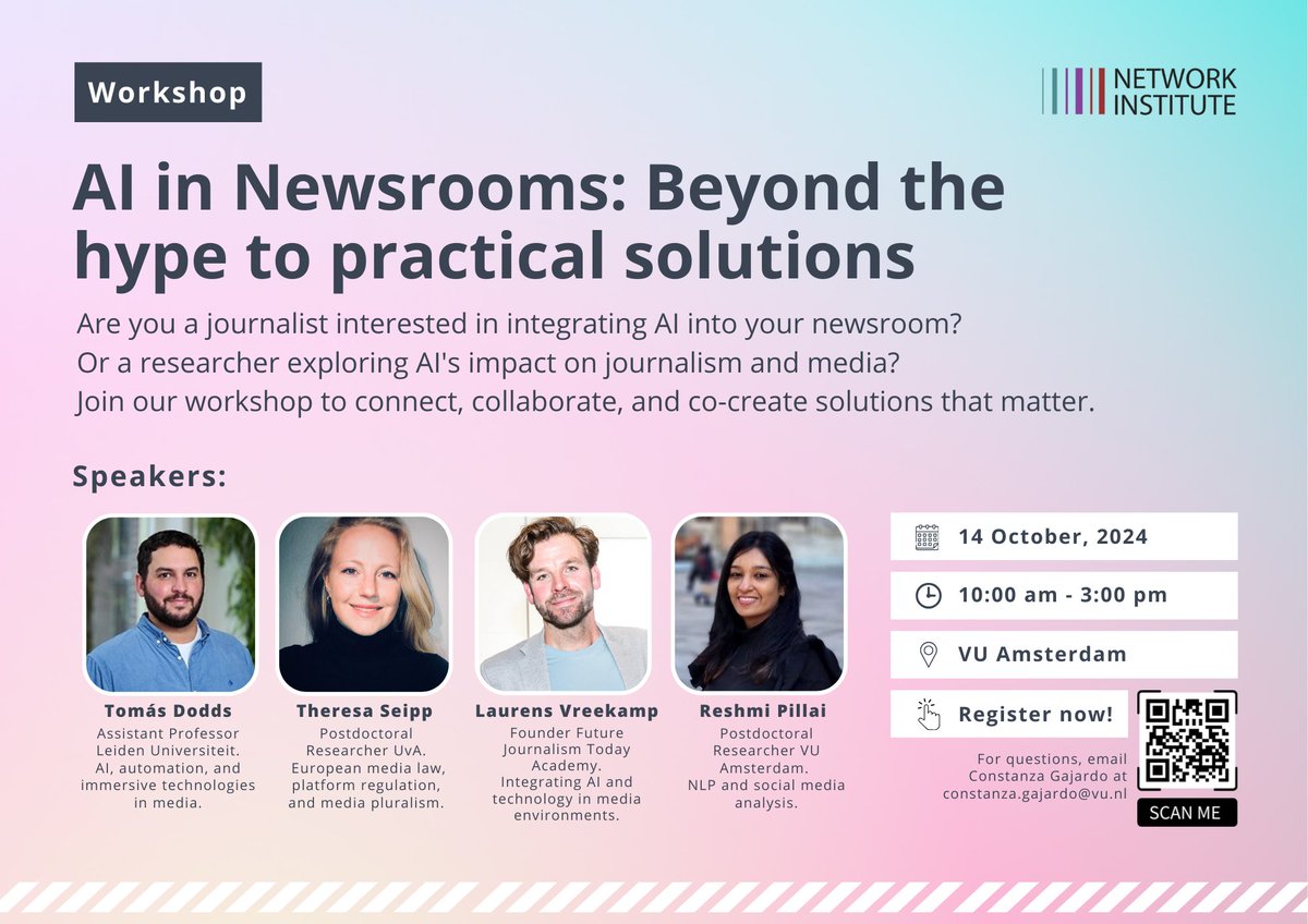 Constanza Gajardo León (@constnz) on Twitter photo ⚡️Just one week until our AI in Newsrooms workshop!
Register by this Wednesday, 9th— limited spots left!! forms.gle/CjZzsDJ9e3ypP6…
<a href="/networkinstvu/">Network Institute</a> @tomasdoddsr <a href="/campodipace/">Laurens Vreekamp</a> @TheresaJSeipp #GenerativeAI ⚡️Just one week until our AI in Newsrooms workshop!
Register by this Wednesday, 9th— limited spots left!! forms.gle/CjZzsDJ9e3ypP6…
<a href="/networkinstvu/">Network Institute</a> @tomasdoddsr <a href="/campodipace/">Laurens Vreekamp</a> @TheresaJSeipp #GenerativeAI