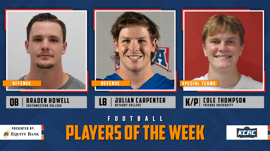 Braden Howell of <a href="/buildersports/">Southwestern College Moundbuilders</a>, Julian Carpenter of <a href="/BethanySwedes/">Bethany Swedes</a>, and Cole Thompson of <a href="/FriendsFalcons/">𝗙𝗥𝗜𝗘𝗡𝗗𝗦 𝗙𝗔𝗟𝗖𝗢𝗡𝗦</a> Earn KCAC Football Weekly Honors, presented by <a href="/EQUITYBANK/">Equity Bank</a>! #KCACfb #LetsBuildEquity #LetsBuildLeaders

kcacsports.com/news/2024/10/7…

<a href="/NAIA/">NAIA</a> <a href="/NAIAFBALL/">NAIAFBALL</a>