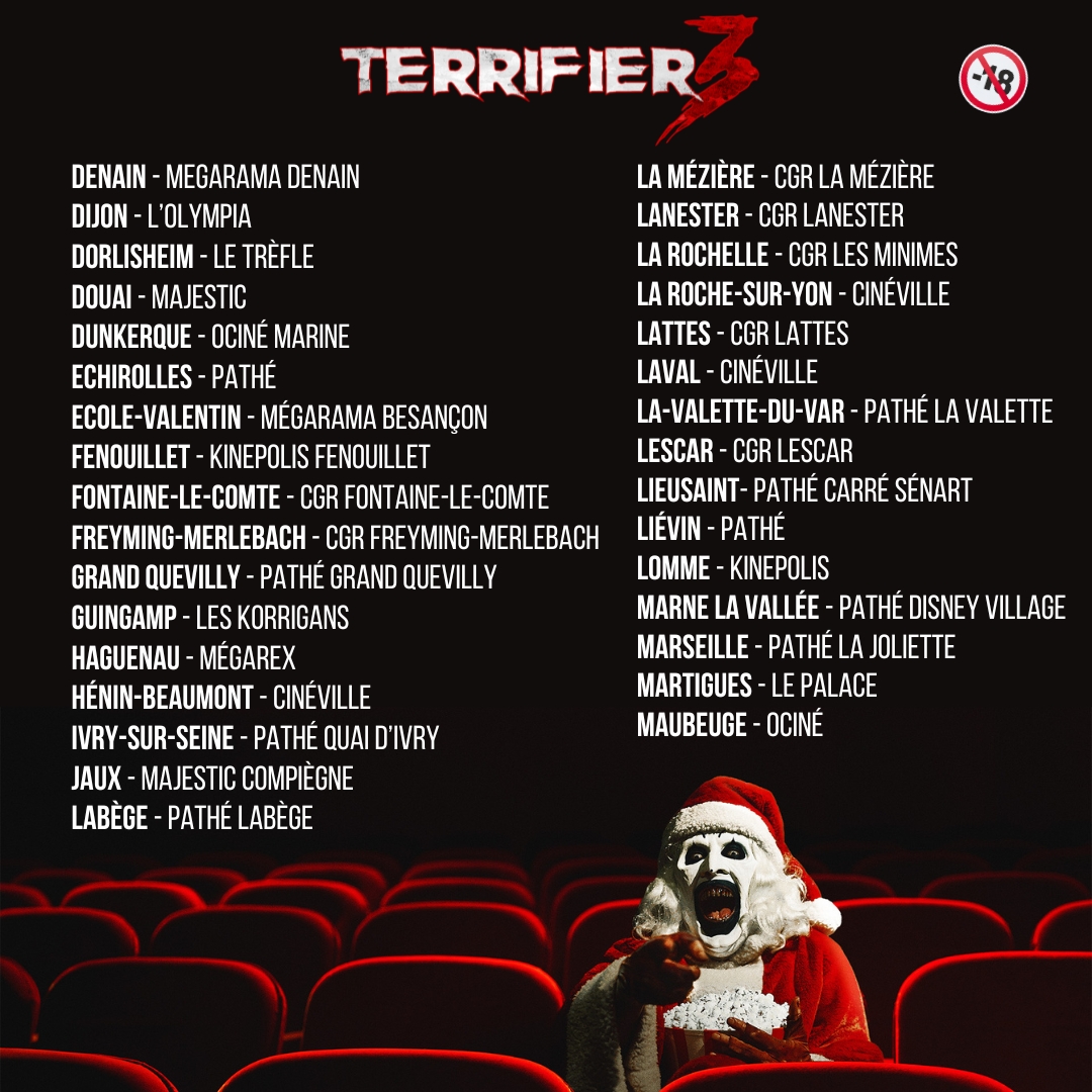 shadowzvod's tweet photo. 🚨Vous l’attendiez : voici la liste des salles qui diffuseront TERRIFIER 3 dès mercredi !🚨

Merci à tous les exploitants qui croient au film et au pouvoir fédérateur et festif du cinéma de genre décomplexé ! 🤡🔪

Si TERRIFIER 3 ne joue pas près de chez vous, n’hésitez pas à demander à votre exploitant de le diffuser les semaines suivantes !

Art the Clown is (vraiment) here !