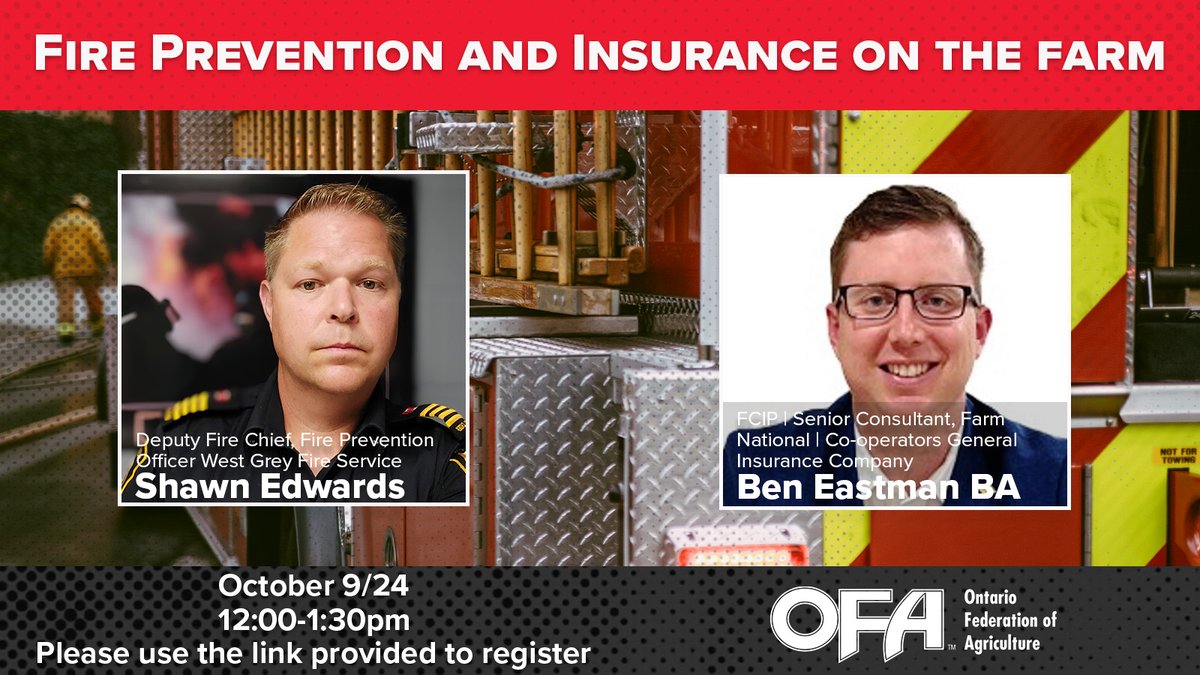 You’ve spent a lifetime building a legacy, don’t let it go up in flames. 🔥 

Fire Prevention and Insurance on the Farm will the the topic of the next OFA Lunch and Learn session, taking place virtually on Oct. 9 from 12-1:30 p.m.

Join us, as we'll be discussing fire prevention,
