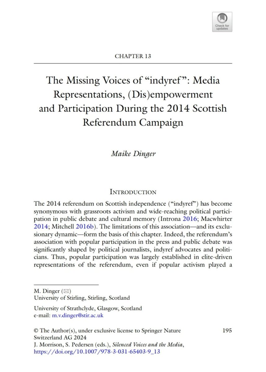 📢 New publication out now ✨️
V excited to see this chapter out now as part of a fantastic new publication, fresh from the (digital)press. Perfect timing to share some thoughts on the missing voices of #indyref discourses too, just 2 weeks after the vote's 10-year anniversary!
