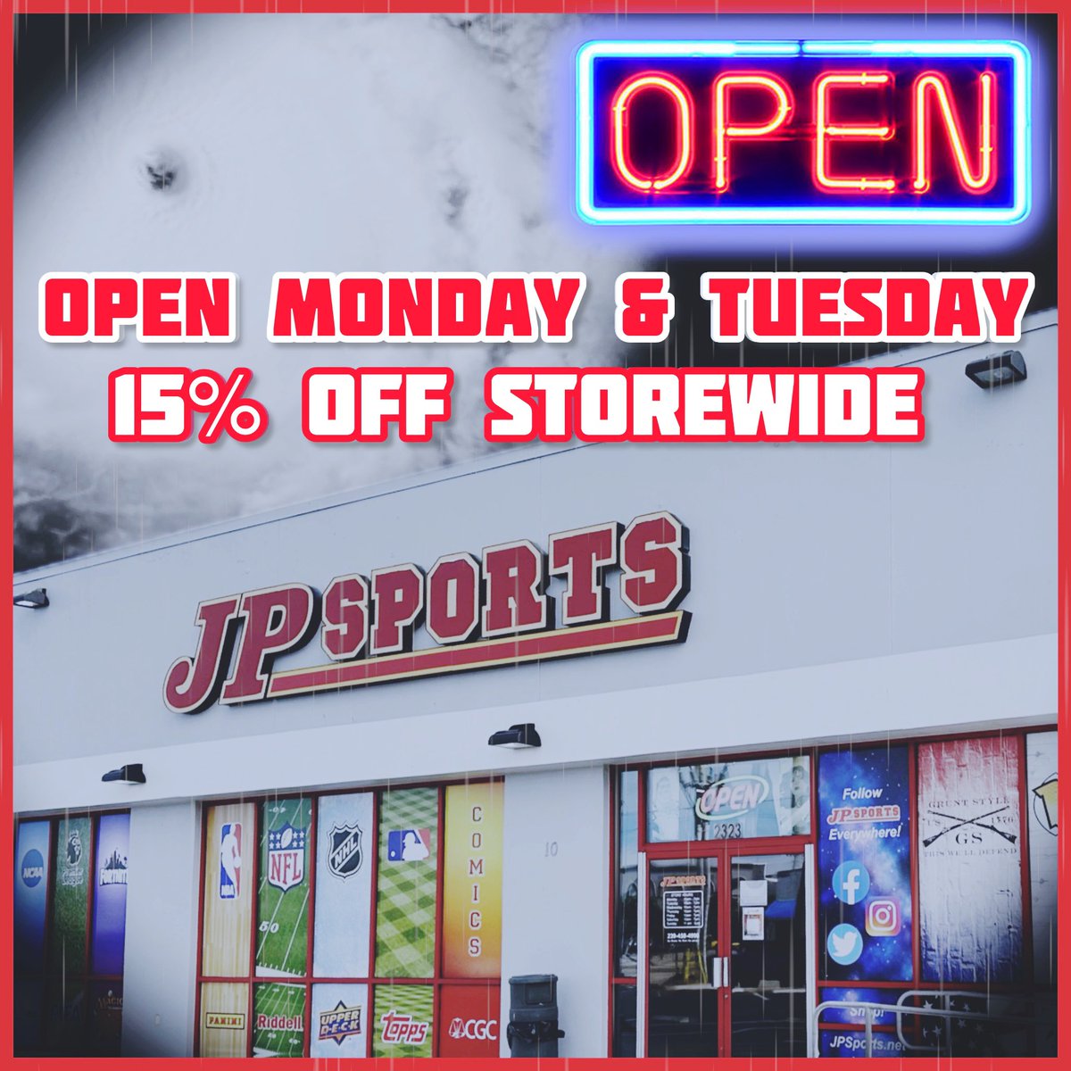 JPSportsKards's tweet image. We're open Monday &amp;amp; Tuesday! We're offering 15% OFF the entire store. Save your cash, this sale is Cash &amp;amp; Card! Everyone stay safe, we will keep you posted on Social media about possible closures. #SWFLStrong