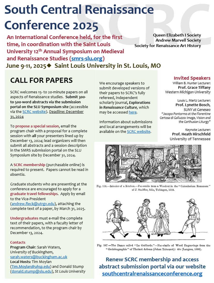 I am super excited to be program chair for this coming year's South Central Renaissance Conference and to share with you our CFP. The conference will take place in St. Louis. and will be held, for the first time, in coordination with <a href="/AnnualSMRS/">AnnualSMRS</a>. Please do send in your abstracts!