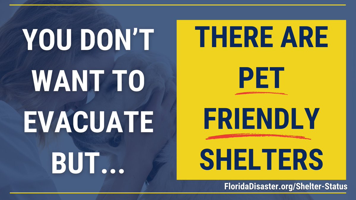 If you need to evacuate for #Milton, don't forget your pets!

There are pet friendly shelters which you can check the status of at FloridaDisaster.org/Shelter-Status. 

Bring food, leashes/carriers &amp; anything you need to keep your pet safe &amp; comfortable.