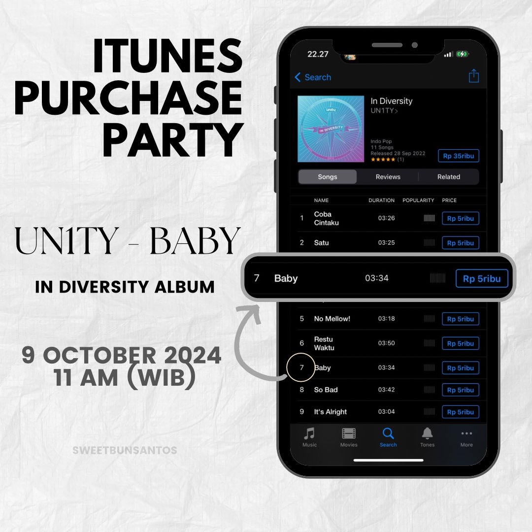 sweetbunsantos's tweet photo. Hi YouN1Ts!
Aku mau ngajak kalian pengguna Apple ikut berpartisipasi untuk mass buying lagu UN1TY - Baby di iTunes. Let’s show our support for @UN1TY_Official 💃🏻💙
Pembelian lagu dimulai :
Rabu, 9 Oktober 2024 jam 11 pagi!
Tutorial dan detail di bawah tweet ini ya💙
#UN1TY https://t.co/FJPo5KPPZB