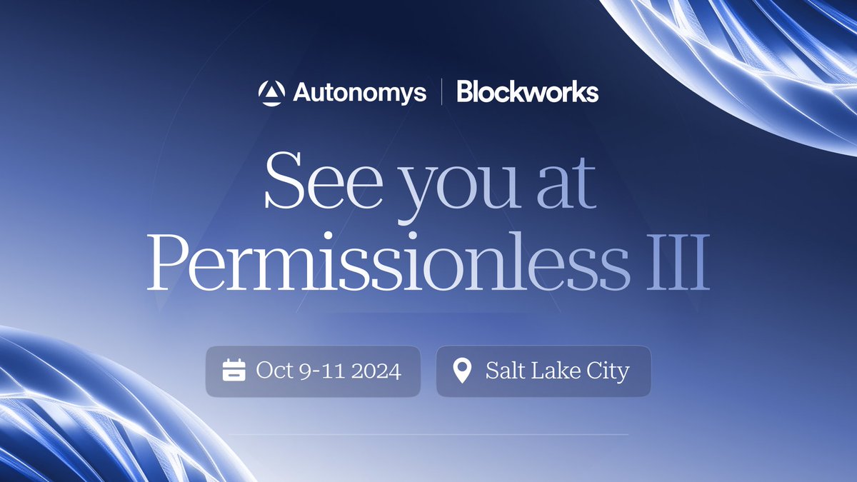 AutonomysNet's tweet photo. Autonomys will be at #Permissionless III this week from October 9-11 in Salt Lake City!
Come meet the team, explore our technology, and hear our vision for AI3.0.
🌐 The Autonomys Network is the Foundation Layer for #AI3
🤖 Develop and deploy models and on-chain agents with our hyper-scalable DePIN.
Hosted by @blockworks and @bankless
#Builders