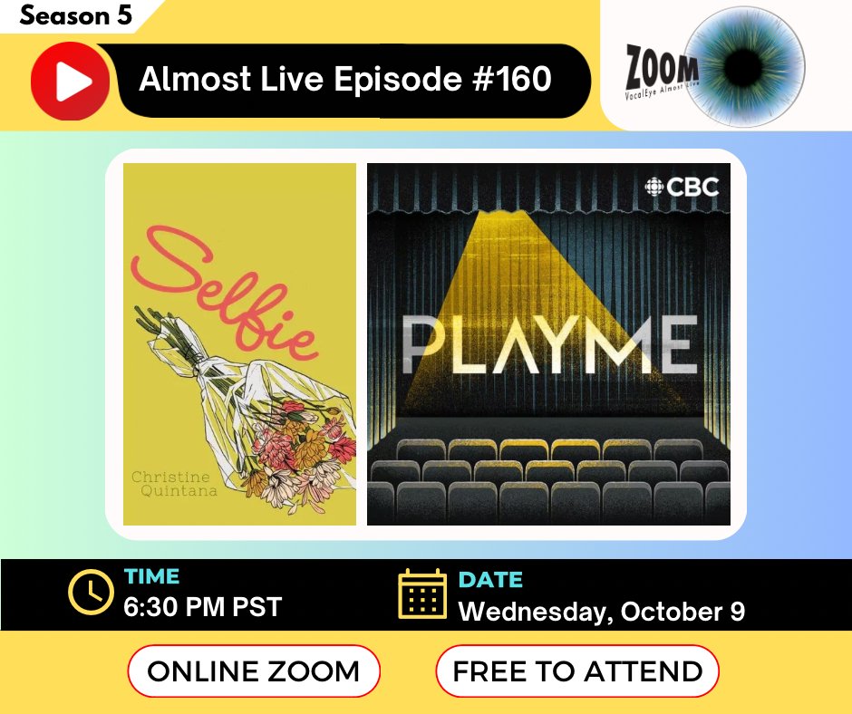 vocaleye's tweet photo. 🧿))) Tune in this week for an #AlmostLive Lite Nite event! Join us for an audio play version of “Selfie“ by Christine Quintana.
Wednesday, October 9 at 6:30 PM PST
Online via Zoom
Register: https://t.co/Vj0Qre6vUQ
Presented with the kind permission of CBC's PlayMe Podcast. https://t.co/MaqoxoxrZ3