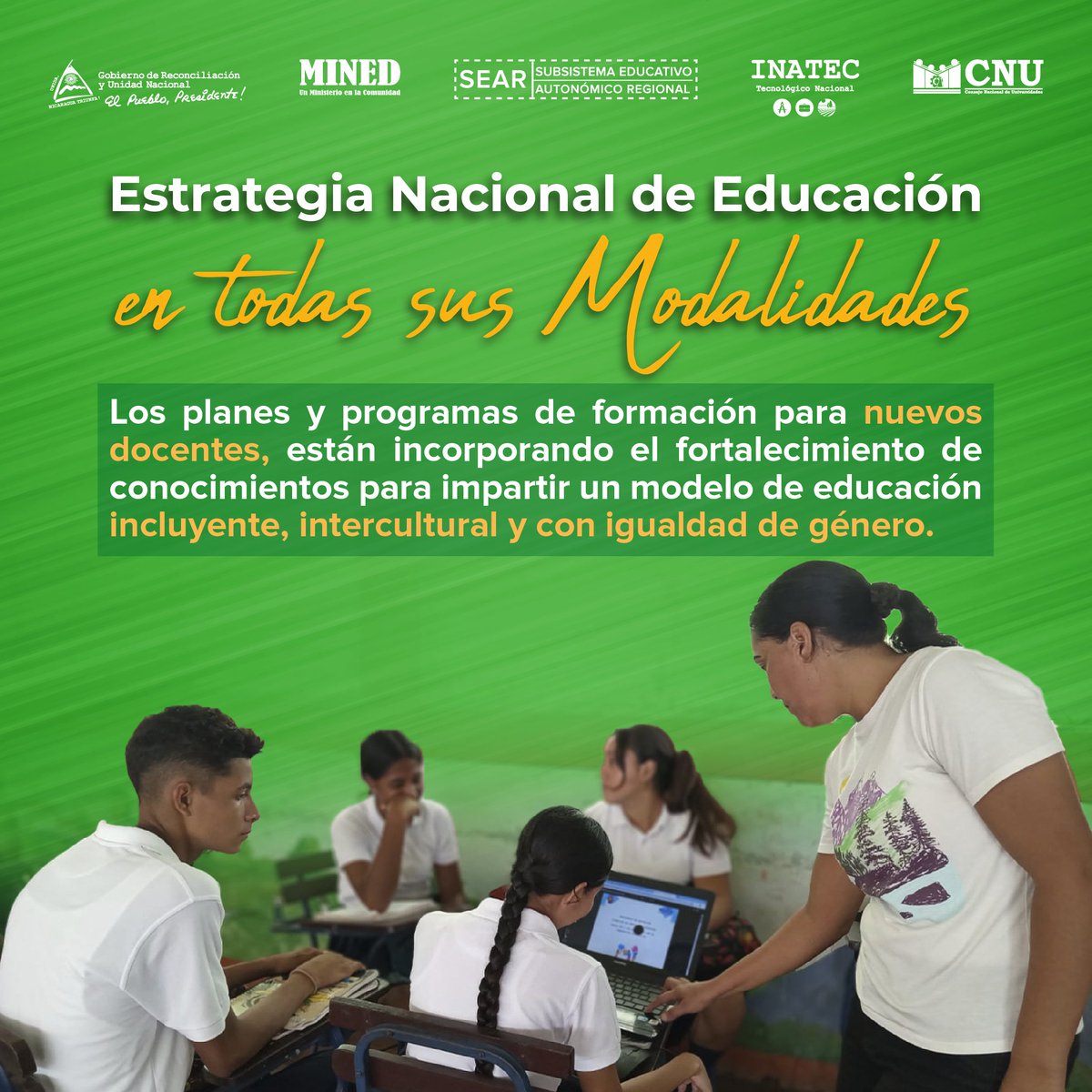 📚 Estrategia Nacional de Educación en Todas sus Modalidades 📚

Fortalecemos la formación docente con un enfoque inclusivo, intercultural y con igualdad de género. 🇳🇮