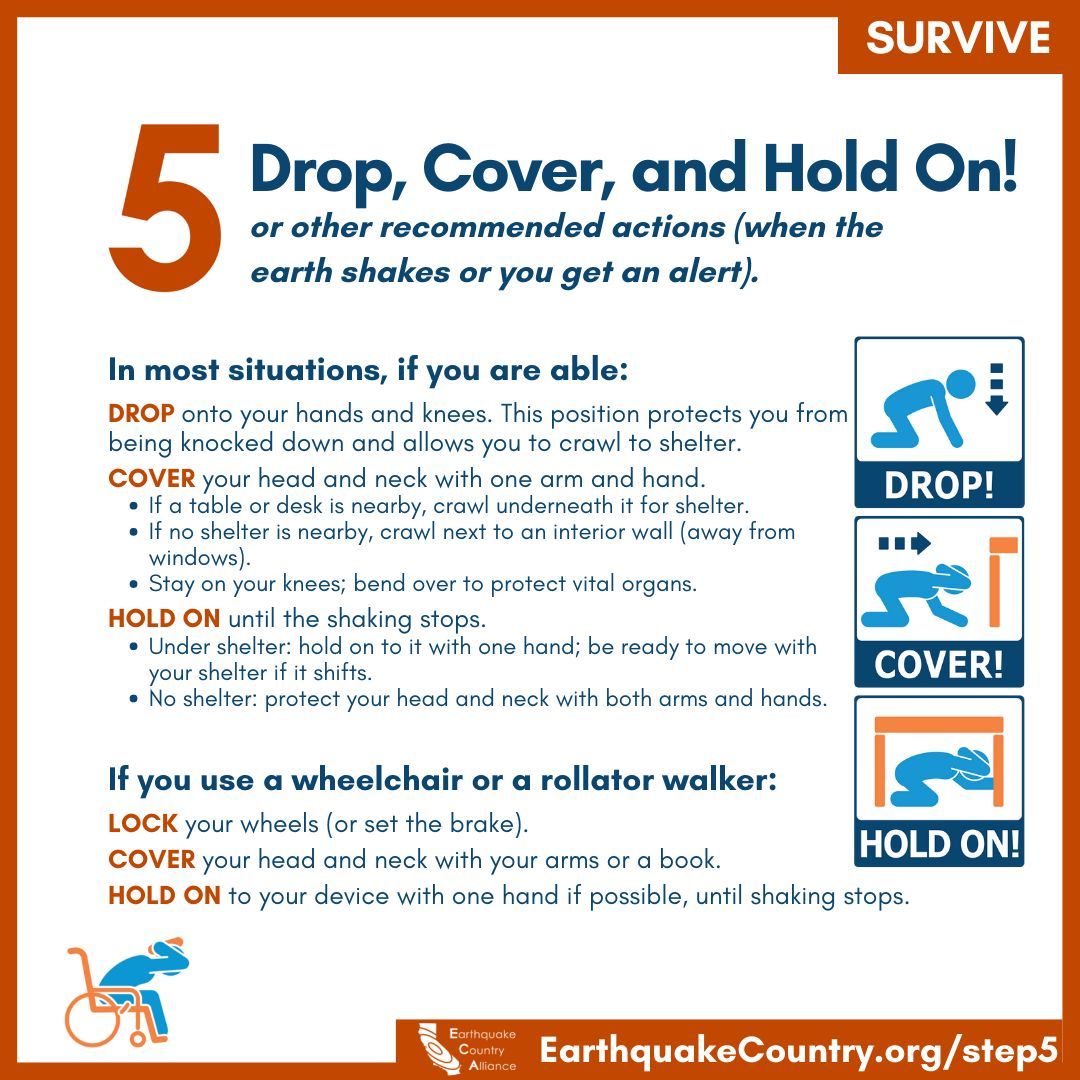 Reduce the chance of injury or death during an earthquake: Drop, Cover, and Hold On.

#Step5 of the #SevenSteps to #earthquake #safety helps you and your loved ones know what to do during an earthquake.

Visit EarthquakeCountry.org/step5 to see tips for specific settings.

<a href="/ECA/">Earthquake Country Alliance</a> @FEMA