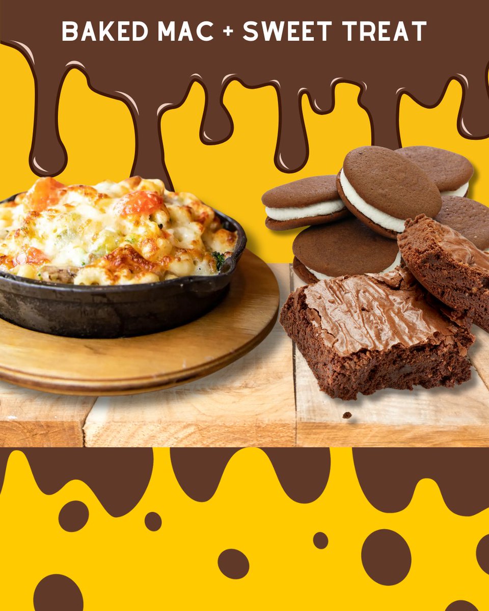 Mac_n_Choose's tweet photo. Sweet and cheesy never looked so good! 😍 Try our baked mac paired with a delicious fudge brownie or whoopie pie. What's your go-to dessert? https://t.co/p8Ai4x0s0W