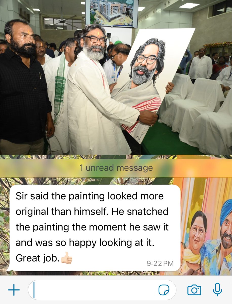 The Chief Minister has been gifted this painting day before yesterday. He said, “Ye painting to humse bhi zyada original lag rahi hai.”

This painting was ordered by the Deputy Commissioner of East Singhbhum for the Chief Minister of Jharkhand <a href="/HemantSorenJMM/">Hemant Soren</a>