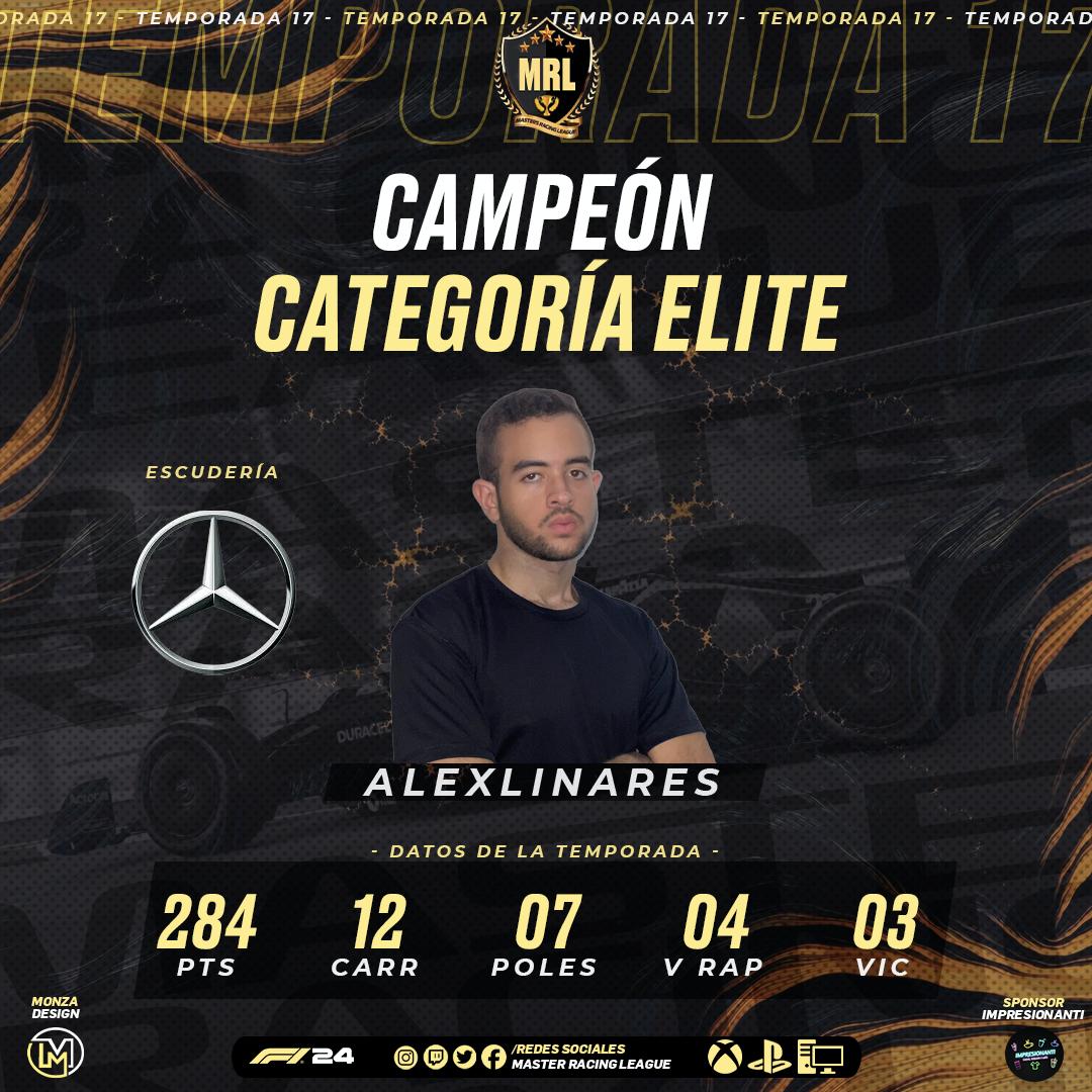 Felicitaciones @alexlinares78_ por consagrarse campeón de pilotos en categoria Elite - temporada 17. También felicitamos a su compañero de equipo @__suarez17 por la obtención del campeonato de constructores con la escuderia Mercedes AMG Petronas!!!

#GOMRL #temporada17