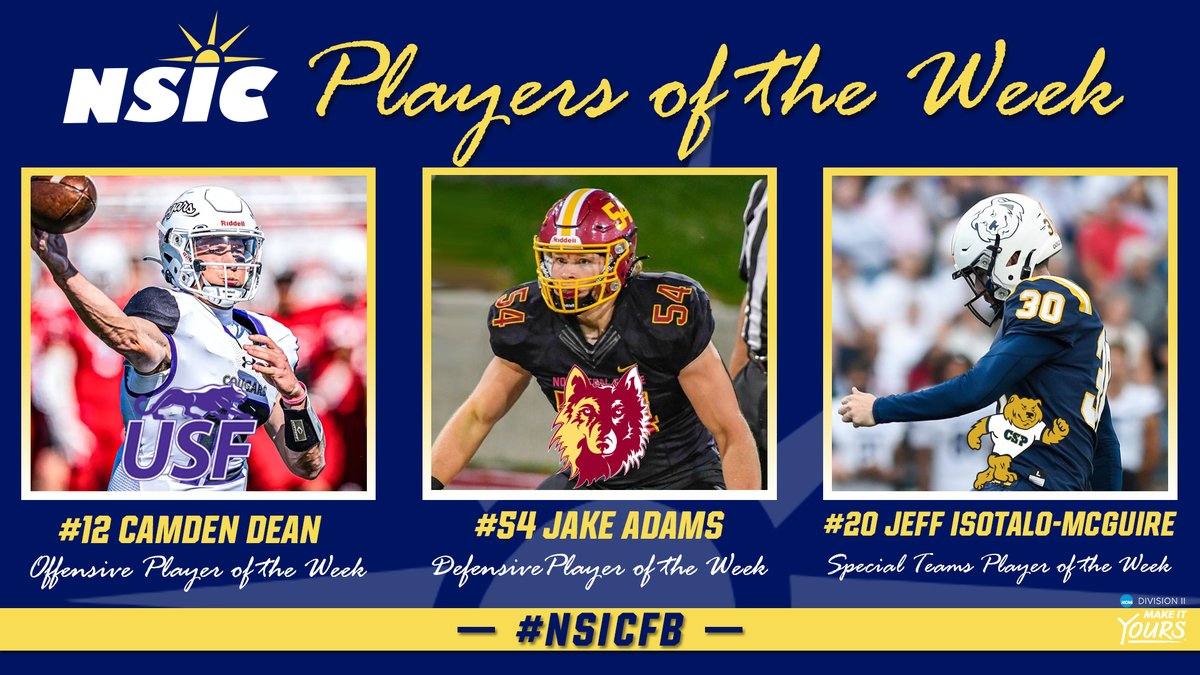 #NSICFB Release No. 6
#NSICPOW
O: #12 Camden Dean - Sioux Falls
D: #54 Jake Adams - Northern State
SP: #30 Jeff Isotalo-McGuire - Concordia-St. Paul

Full Release at: northernsun.org/news/2024/10/7…