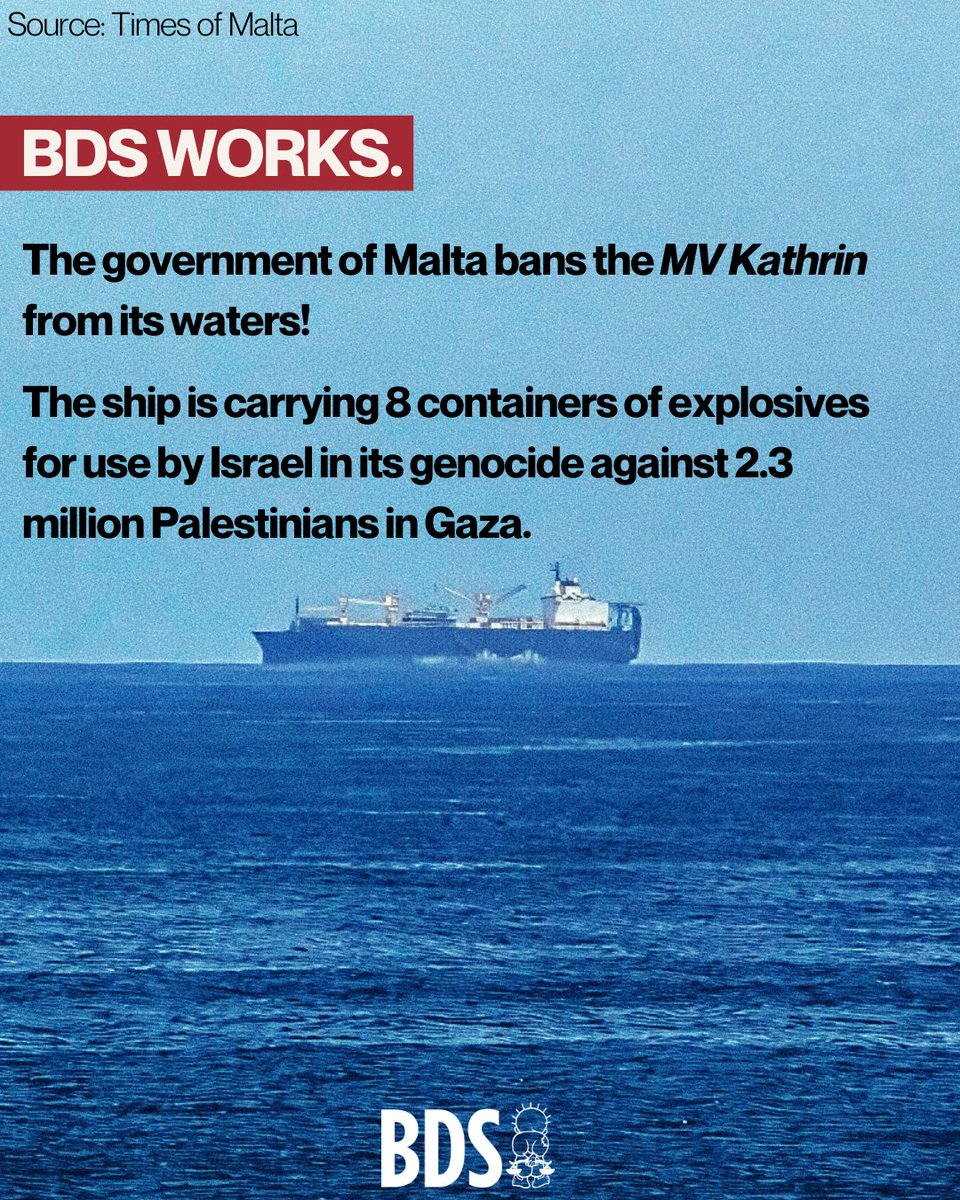 #BDSworks! The government of Malta bans the MV Kathrin from its waters!

The ship is carrying 8 containers of explosives for use by Israel in its genocide against 2.3 million Palestinians in Gaza.

loom.ly/veXC2fM