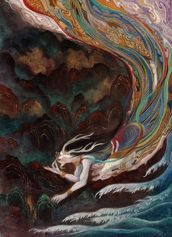 x1ngwu's tweet photo. The immortal Jimeng (計蒙) is a supernatural being from Chinese folklore with a unique appearance. He is described as having the body of a man but the head of a dragon. Jimeng is often said to reside in the depths of the Zhang River (漳淵), where he swims and dwells.
Whenever Jimeng enters or leaves the Zhang River, it is accompanied by a violent storm.
🎨 鹿溟山