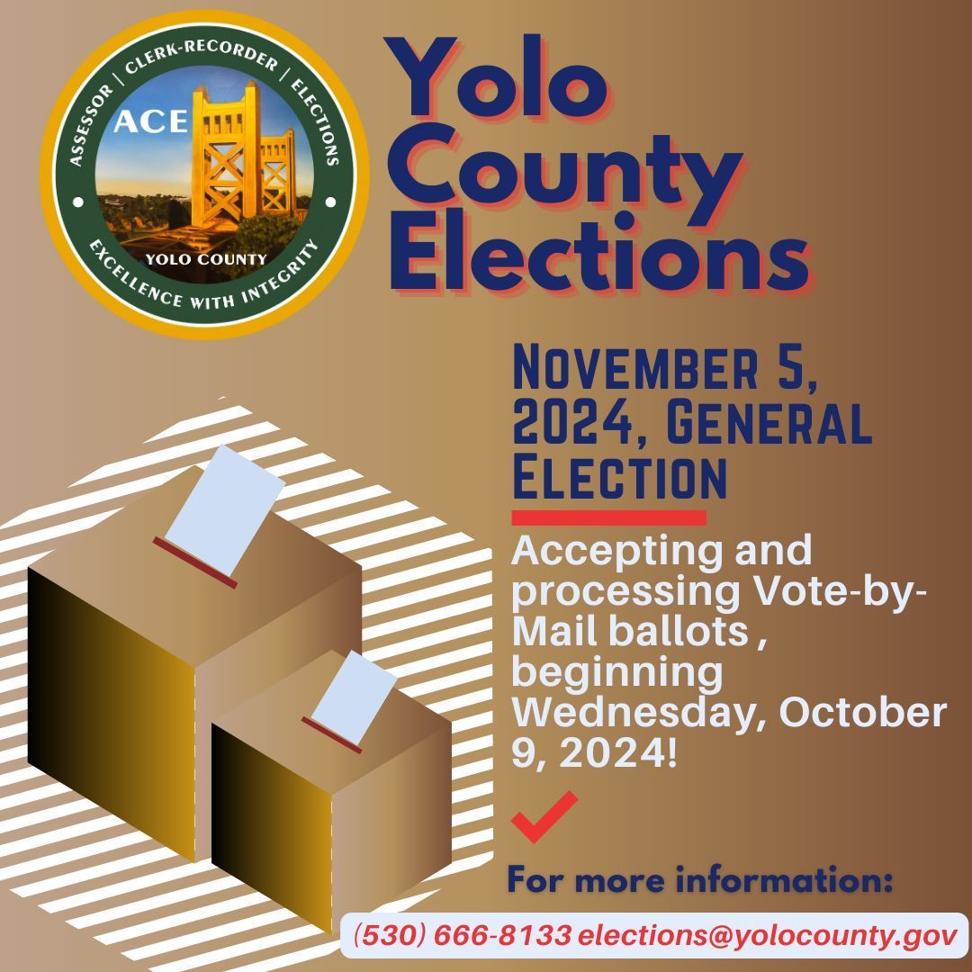 YoloCoACE's tweet photo. Beginning Wednesday, October 9, 2024, the Elections Office will begin to process Vote-by-Mail ballot return identification envelopes for the November 5, 2024, General Election.
Read more here https://t.co/dpYUPPycn9
#VoteReady #VoteEarly #YoloVotes #YoloCounty #Election2024 https://t.co/5ZlTAYF8oR