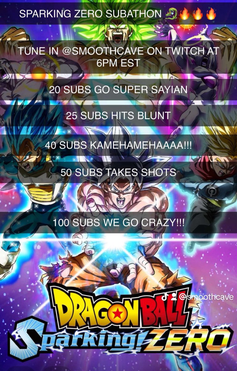 Smoothcave585's tweet photo. TONIGHT IM DOING A 24+ HOUR DBZ SPARKING ZERO SUBATHON STREAM AT 6PM EST TUNE IN @SMOOTHCAVE ON TWITCH ILL SEE YALL THEN 🐉🔥 https://t.co/cWjsNDNECV