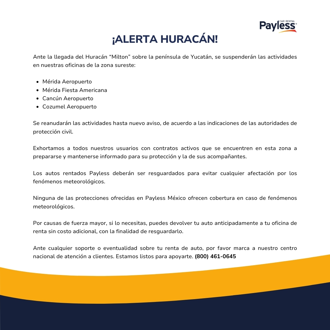 PaylessMexico's tweet photo. Atención a todos nuestros clientes, comunicado ante a llegada del Huracán "Milton". https://t.co/JhTvAd9irR