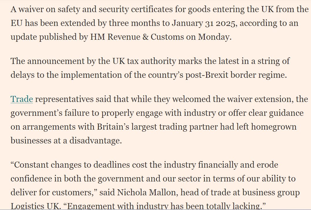 Peter Foster (@pmdfoster) on Twitter photo NEW: Classic Brexit. I first wrote about 'Safey & Security Declarations', and the burden they would be on business in *March 2020*...and still unresolved in *October 2024* as govt delays them again - via @ft <a href="/SpeedMaddie/">Madeleine Speed</a> & me ...and the crazy part is...1/
ft.com/content/3819a7… NEW: Classic Brexit. I first wrote about 'Safey & Security Declarations', and the burden they would be on business in *March 2020*...and still unresolved in *October 2024* as govt delays them again - via @ft <a href="/SpeedMaddie/">Madeleine Speed</a> & me ...and the crazy part is...1/
ft.com/content/3819a7…