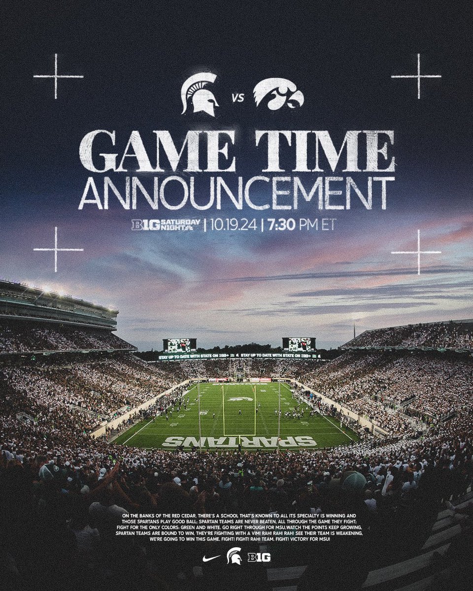 MSU_Football's tweet photo. Homecoming on B1G Saturday Night

🗓️ Saturday, Oct. 19
🕢 7:30 pm ET
📺 NBC https://t.co/Z1RtPvt5Px