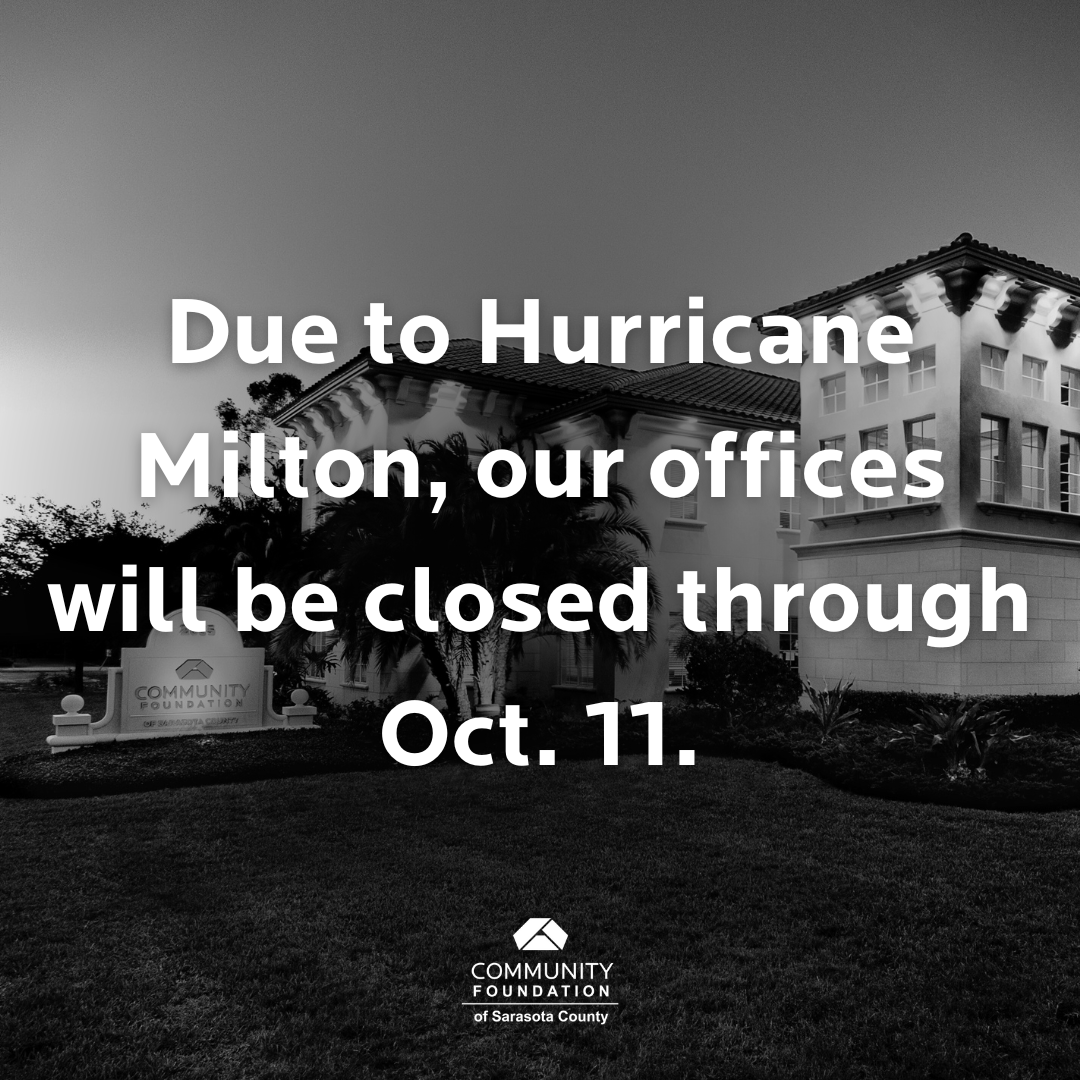 We are monitoring Hurricane Milton &amp; have decided to close our offices for the rest of the week.
We hope everyone stays safe. Please take precautions &amp; heed orders from local authorities. Remember: Our community is strongest when we band together.
More: cfsarasota.org/blog-post/Our-…