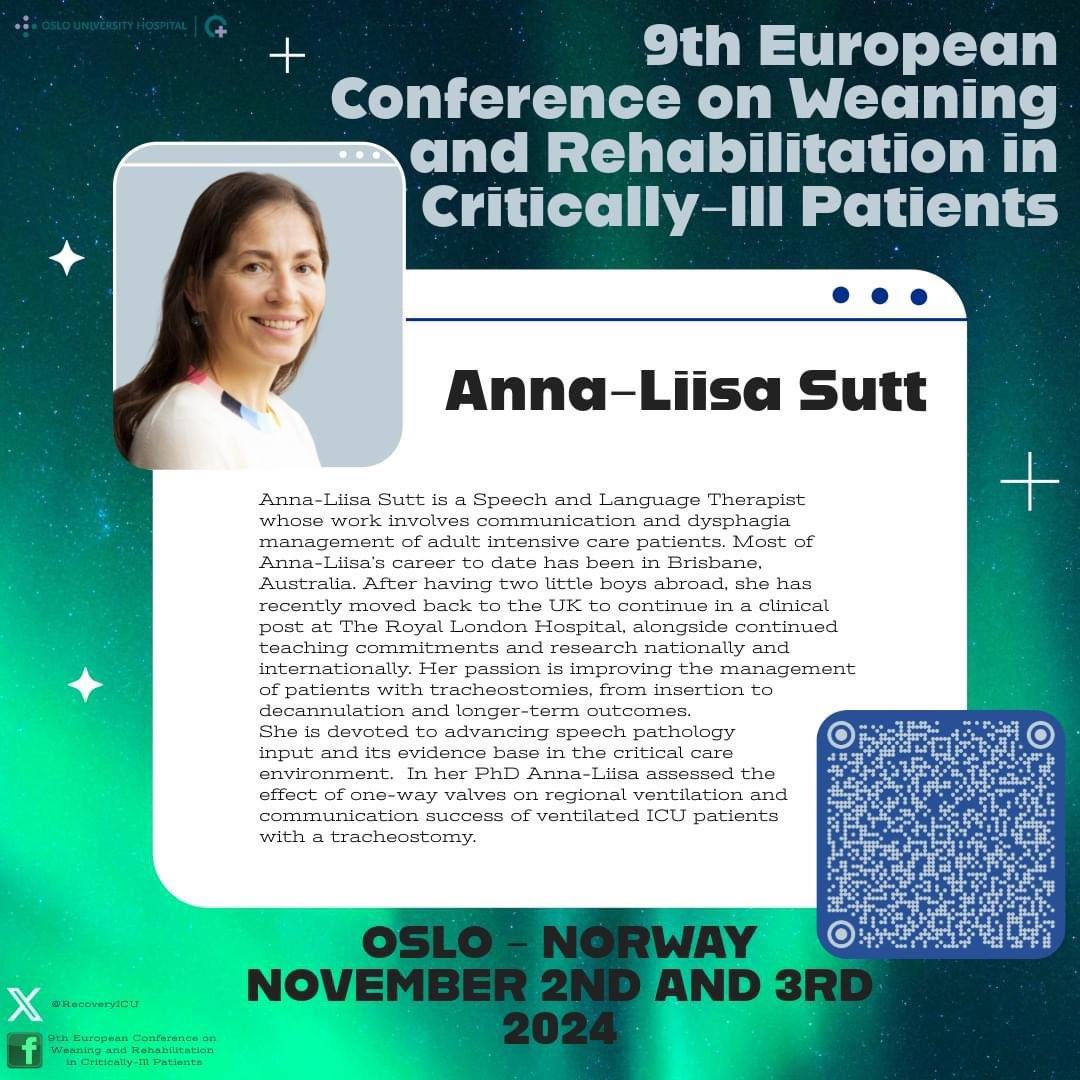 Speech and language therapy is an important part of the multidisciplinary work in early rehabilitation. We are proud to present Anna-Liisa Sutt as one of the invited speakers at the conference! 

#ICUrehab #icurehab24oslo