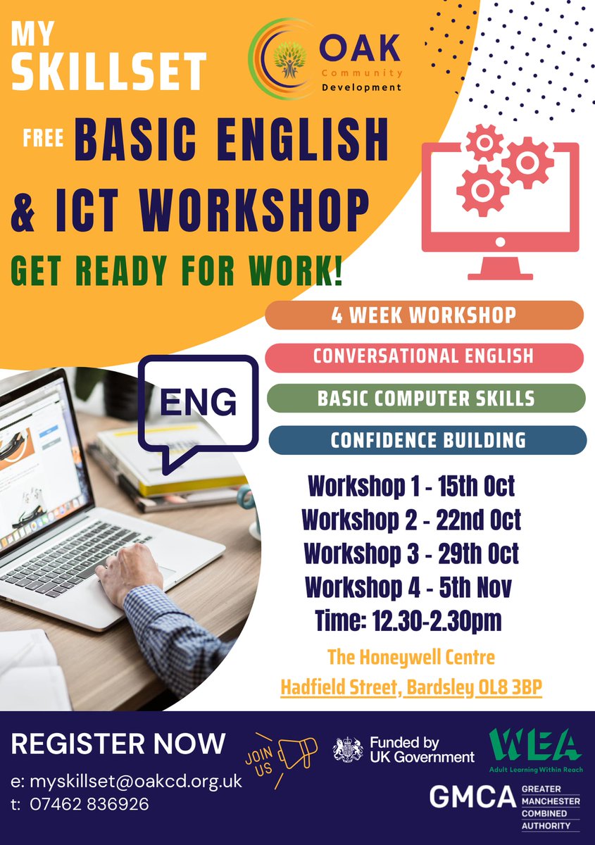 OAKCommunityDevelopment (@community_oak) on Twitter photo #GetWorkReady
New 4 week workshop starting 15.10.24 Develop basic ICT 🖥and English 📚 skills to help you on your employment journey. #career #opportunities #upskill #confidencebuilding
<a href="/WEAadulted/">The WEA</a> <a href="/EmployOldham/">Get Oldham Working</a> <a href="/greatermcr/">Greater Manchester Combined Authority</a> <a href="/WeActTogether/">Action Together</a> <a href="/oldham_ukeff/">Ukeff Oldham</a> please share & retweet . #GetWorkReady
New 4 week workshop starting 15.10.24 Develop basic ICT 🖥and English 📚 skills to help you on your employment journey. #career #opportunities #upskill #confidencebuilding
<a href="/WEAadulted/">The WEA</a> <a href="/EmployOldham/">Get Oldham Working</a> <a href="/greatermcr/">Greater Manchester Combined Authority</a> <a href="/WeActTogether/">Action Together</a> <a href="/oldham_ukeff/">Ukeff Oldham</a> please share & retweet .